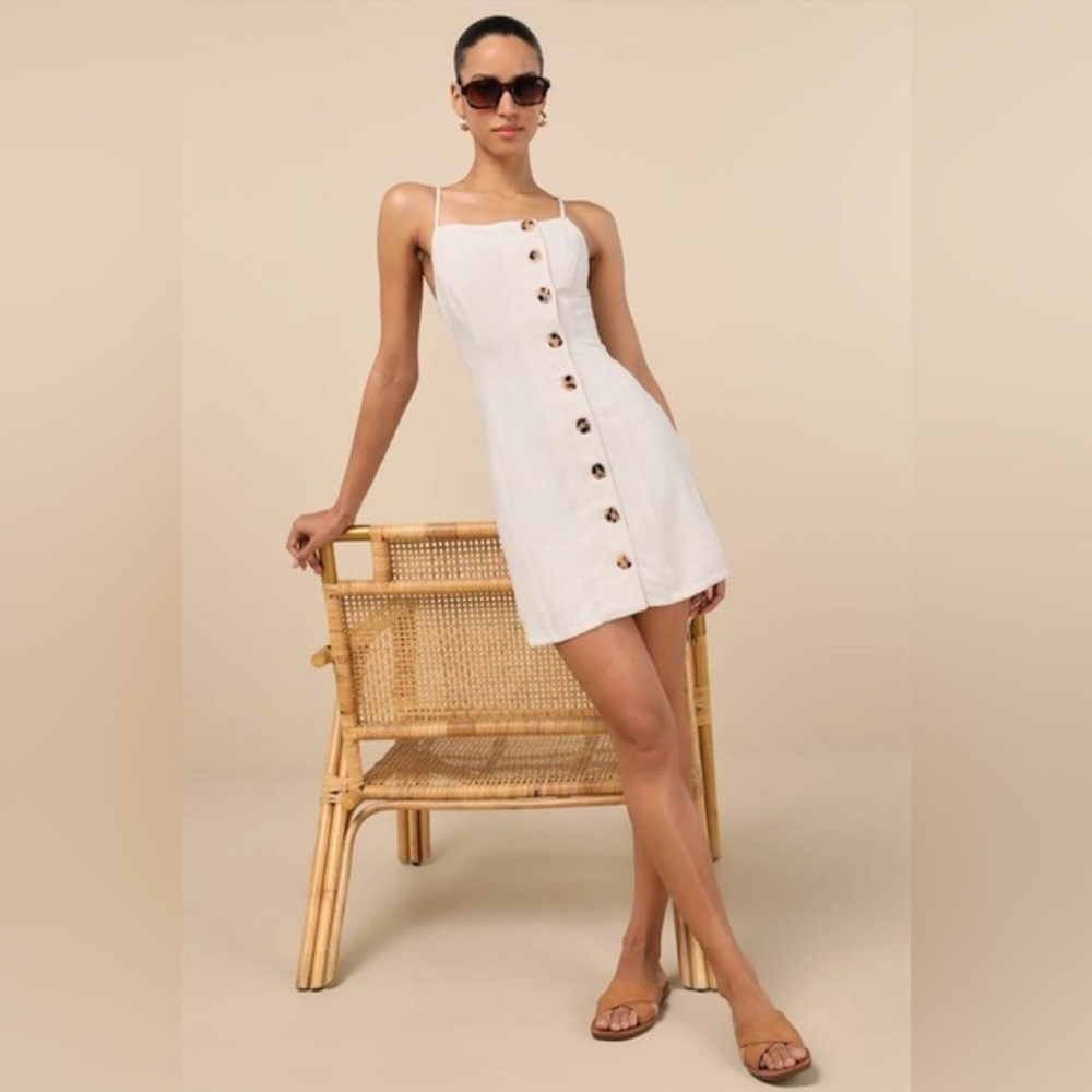 NEW Lulus Chic Objective Light Beige Button-Front Mini Dress Sz Medium Linen